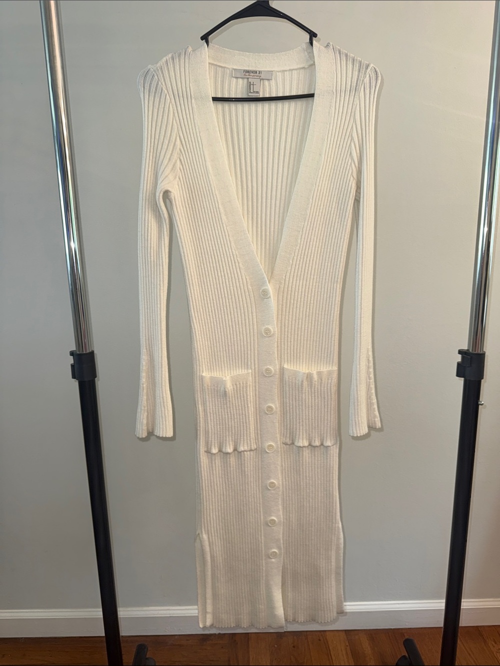 White Ribbed Long Button-Up Cardigan Dress